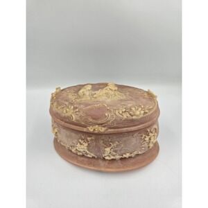 Vintage Incolay Stone Pink Box Victorian Scene Handcrafted‎ USA Jewelry Floral